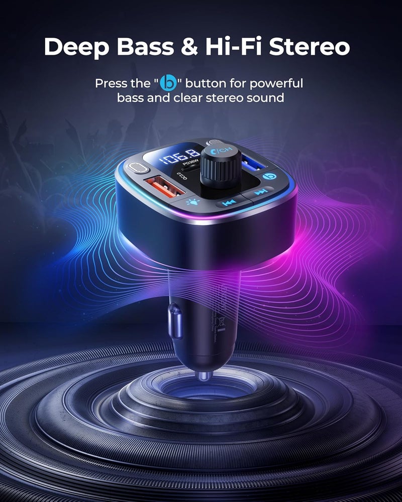 Lencent Bluetooth 5.4 Car Adapter FM Transmitter 54W Fast Charging, Dual Mics, HiFi Bass Sound, 2 Modes LED Backlit, Cigarette Lighter Adapter Hands-Free Calling Radio, Support USB Drive - Image 2